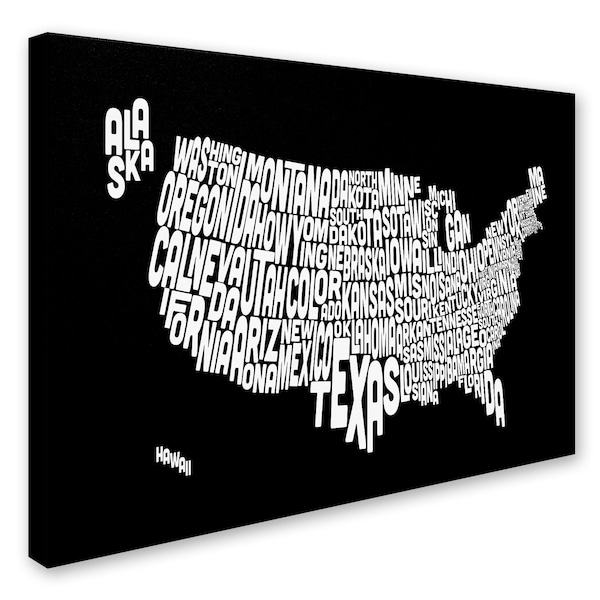Michael Tompsett 'BLACK-USA States Text Map' Canvas Art,22x32